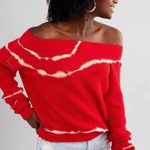 Gilded Intent Off the Shoulder Red Tie-Dye Scoop Neck Sweater